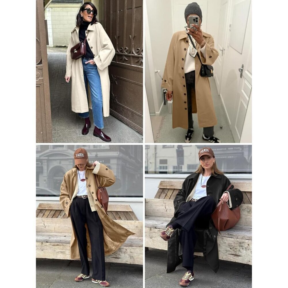 Women Khaki 1 Long Trench Coat Single Breasted Oversized Windproof Fall Overcoat - Picture 4 of 5